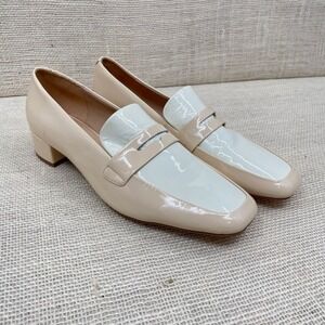 Anthropologie Two Tone Patent Leather Loafer Cream Neutral Square Toe US 10